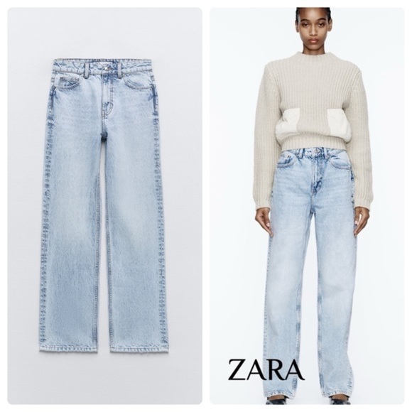 ZARA WOMEN HIGH RISE LONG LENGTH STRAIGHT CUT JEANS - Picture 1 of 1